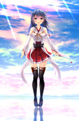 Rule 34 | 10s, 1girl, :d, black hair, black thighhighs, blush, detached sleeves, full body, hair ornament, hairclip, haruna (kancolle), headgear, kantai collection, long hair, looking at viewer, nontraditional miko, open mouth, pleated skirt, red skirt, ribbon-trimmed sleeves, ribbon trim, skirt, smile, solo, thighhighs, yellow eyes, yuzukaze rio