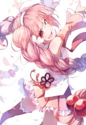 Rule 34 | 1girl, boots, bow, braid, detached sleeves, flower, hair bobbles, hair flower, hair ornament, hairband, hatsune miku, imoko (imonatsuki), long sleeves, looking at viewer, looking back, open mouth, petals, pink bow, pink eyes, pink hair, sakura miku, shirt, skirt, smile, solo, thigh boots, thighhighs, twin braids, vocaloid, wide sleeves