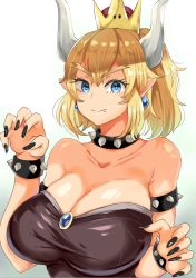 Rule 34 | 1girl, armlet, bare shoulders, black dress, blonde hair, blue eyes, bowsette, bracelet, breasts, claw pose, collar, collarbone, dress, earrings, fang, fang out, jewelry, large breasts, mario (series), nail polish, new super mario bros. u deluxe, nintendo, sharp teeth, spiked bracelet, spiked collar, spikes, strapless, strapless dress, super crown, teeth, turtle shell, upper body, yac (mokkori)