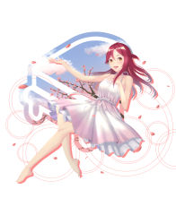 Rule 34 | 1girl, artist name, artist request, bare legs, bare shoulders, blush, breasts, brown eyes, brown hair, collarbone, dress, feet, female focus, floating hair, full body, hand on chest, hand on own chest, long hair, looking at viewer, love live!, love live! sunshine!!, outstretched arm, parted lips, petals, pick3r (picker), red hair, red petals, sakurauchi riko, skirt, small breasts, smile, solo, sundress, white background, white dress, white skirt, yellow eyes