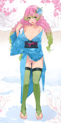 Rule 34 | 1girl, absurdres, aqua sash, armpit crease, bare shoulders, bare tree, blue flower, blue kimono, blue sky, blush, breasts, bridal legwear, cameltoe, cherry blossoms, cleft of venus, collarbone, commentary, commentary request, day, english commentary, feet, fingernails, floral print, floral print kimono, flower, full body, gluteal fold, gradient hair, green eyes, green hair, green thighhighs, groin, hair between eyes, hair flower, hair ornament, highres, japanese clothes, kanroji mitsuri, kimetsu no yaiba, kimono, large breasts, long hair, long sleeves, looking at viewer, mixed-language commentary, mole, mole under each eye, mole under eye, multicolored hair, multiple moles, nail polish, no shoes, open mouth, outdoors, panties, pink hair, pink nails, print kimono, revision, ribbed thighhighs, sky, smile, snow, solo, standing, teeth, thighhighs, thighs, toenail polish, toenails, toes, tree, tri braids, tri tails, two-tone hair, underwear, upper teeth only, waterring, white panties, wide sleeves, yukata