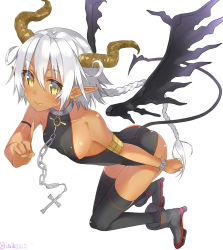 Rule 34 | 1girl, ankle boots, bare shoulders, black thighhighs, boots, braid, breasts, chain, collar, cross, demon girl, demon tail, earrings, grey footwear, horns, isshiki (ffmania7), jewelry, leaning forward, long hair, original, pointy ears, sideboob, silver hair, smile, solo, tail, tan, thighhighs, twitter username, wings, yellow eyes