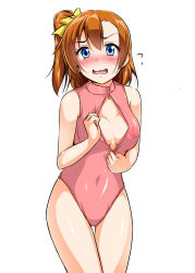 Rule 34 | 10s, 1girl, blue eyes, blush, breasts, brown hair, cleavage, cleavage cutout, clothing cutout, covered erect nipples, covered navel, cowboy shot, front zipper swimsuit, highres, kosaka honoka, long hair, looking at viewer, love live!, love live! school idol project, medium breasts, meme attire, nipples, one-piece swimsuit, open mouth, pink one-piece swimsuit, see-through, short hair, side ponytail, simple background, solo, swimsuit, thigh gap, wavy mouth, yopparai oni