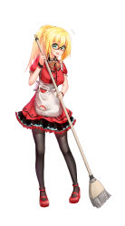 Rule 34 | 1girl, absurdres, apron, black pantyhose, blonde hair, bow, braid, broom, dress, emden (warship girls r), flying sweatdrops, french braid, frills, full body, green eyes, highres, leaning forward, long hair, looking at viewer, maid apron, mary janes, onceskylark, open mouth, pantyhose, petticoat, ponytail, red footwear, shoes, smile, solo, standing, sweeping, warship girls r, white background