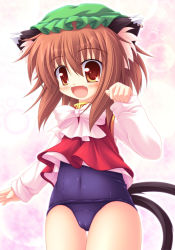 Rule 34 | 1girl, animal ears, bad id, bad pixiv id, blush, brown eyes, brown hair, cat ears, chen, covered navel, earrings, hat, jewelry, no pants, one-piece swimsuit, open mouth, paw pose, purple one-piece swimsuit, purple school swimsuit, school swimsuit, shiny clothes, skindentation, smile, solo, swimsuit, swimsuit under clothes, tail, touhou, yokuran