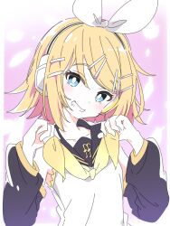 Rule 34 | 1girl, black sleeves, blonde hair, blue eyes, detached sleeves, ixy, kagamine rin, looking at viewer, neckerchief, short hair, solo, upper body, vocaloid, yellow neckerchief