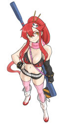 Rule 34 | 1girl, arm at side, asymmetrical gloves, bare shoulders, belt, between breasts, bikini, bikini top only, black bracelet, black gloves, black shorts, blunt bangs, boots, breasts, cleavage, clenched hand, closed mouth, elbow gloves, fingerless gloves, flame print, flipped hair, full body, gloves, gun, gun on back, hair between eyes, hair ornament, hair stick, hand on own hip, highres, large breasts, long hair, looking up, mismatched gloves, navel, pink lips, pink scarf, pink thighhighs, ponytail, print bikini, print footwear, red hair, rifle, scarf, short shorts, shorts, simple background, skull hair ornament, smile, sniper rifle, solo, straight hair, strap between breasts, studded belt, studded bracelet, swimsuit, tengen toppa gurren lagann, thighhighs, thighhighs under boots, toshinoshin, tsurime, two-tone scarf, very long hair, weapon, weapon on back, white background, white belt, white footwear, white scarf, yellow eyes, yoko littner