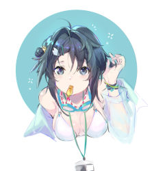 Rule 34 | arknights, bikini, black eyes, black hair, blowing whistle, bracelet, circle, expressionless, goggles, goggles around neck, hair ornament, hand in own hair, highres, jewelry, la pluma (arknights), la pluma (summer flowers) (arknights), blue background, looking at viewer, off-shoulder shirt, off shoulder, portrait, see-through, see-through shirt, shirt, simple background, skindentation, swimsuit, whistle, whistle around neck, white background, yumuto (spring1786)