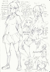 Rule 34 | ..., 1girl, bow, bowtie, clenched hands, english text, closed eyes, full body, ge-b, greyscale, hair between eyes, heart, kneehighs, loafers, looking at viewer, monochrome, original, school uniform, serious, shirt, shoes, short hair, short ponytail, short sleeves, sketch, socks, speech bubble, spoken ellipsis, spoken heart, standing