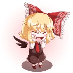 Rule 34 | 1girl, blonde hair, blush stickers, bow, detached wings, female focus, hat, hat bow, long sleeves, necktie, open mouth, red necktie, roco (katsuya1011), rumia, short hair, solo, touhou, wings