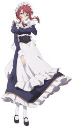 Rule 34 | 1girl, apron, black corset, black dress, black footwear, black ribbon, blue eyes, closed mouth, corset, dress, frilled apron, frills, full body, hand on own head, hand up, hat, ilia coral, maid, maid apron, mary janes, mob cap, neck ribbon, official art, red hair, ribbon, second-party source, shoes, sidelocks, simple background, smile, socks, solo, split mouth, standing, tachi-e, tensei oujo to tensai reijou no mahou kakumei, transparent background, white apron, white hat, white socks