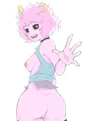 Rule 34 | 10s, 1girl, :d, absurdres, arm at side, ashido mina, ass, bare arms, bare shoulders, black-co, black sclera, blush stickers, boku no hero academia, bottomless, breastless clothes, breasts, choker, colored sclera, colored skin, cowboy shot, foreshortening, from behind, hand up, highres, horns, looking at viewer, looking back, medium breasts, nipples, open mouth, pink hair, pink skin, pussy, short hair, sideboob, simple background, sketch, sleeveless, smile, solo, standing, thighhighs, twisted torso, uncensored, upper body, white background, yellow eyes