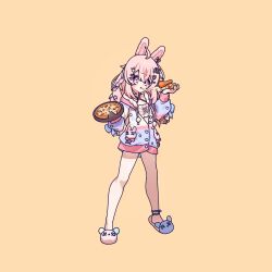 Rule 34 | 1girl, animal ears, chicken (food), cross (vgne4542), eating, food, highres, long hair, phase connect, pink eyes, pink hair, pipkin pippa, pizza, rabbit ears, solo