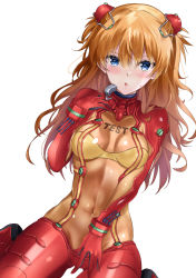 Rule 34 | 1girl, @shun, blue eyes, blush, bodysuit, brown hair, evangelion: 2.0 you can (not) advance, hair between eyes, highres, interface headset, neon genesis evangelion, plugsuit, rebuild of evangelion, red bodysuit, revealing clothes, simple background, skin tight, solo, souryuu asuka langley, test plugsuit, twintails, white background
