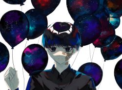 Rule 34 | 1boy, balloon, bandaid, bandaid on face, black hair, closed mouth, cloud, frown, holding, holding balloon, male focus, mizumi zumi, original, simple background, star (symbol), white background