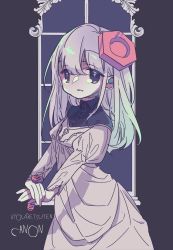Rule 34 | 1girl, blue eyes, chariki, dress, grey background, hair ornament, halloween, highres, indie virtual youtuber, long hair, looking at viewer, open mouth, ryogetsuten canon, sketch, solo, virtual youtuber, white dress, white hair, window
