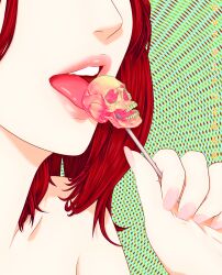 Rule 34 | 1girl, artist name, bare shoulders, candy, commentary, efairu 666, english commentary, food, head out of frame, highres, holding, holding candy, holding food, holding lollipop, licking, lollipop, open mouth, original, pink lips, pink nails, portrait, red hair, skull, solo, teeth, tongue