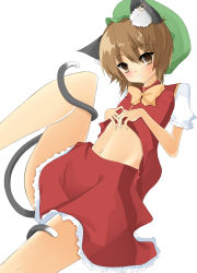 Rule 34 | 1girl, animal ears, blush, brown eyes, brown hair, cat ears, cat girl, cat tail, chen, clothes lift, earrings, female focus, groin, hat, highres, jewelry, lace, lace-trimmed skirt, lace trim, midriff, miniskirt, multiple tails, navel, noi (noi 2y), red skirt, shirt lift, short hair, skirt, skirt set, solo, tail, touhou