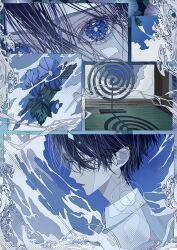 Rule 34 | 1boy, bishounen, black hair, blue eyes, blue flower, blue theme, closed eyes, closed mouth, flower, highres, looking at viewer, male focus, mosquito coil, multiple views, original, sasame 20, short hair, solo