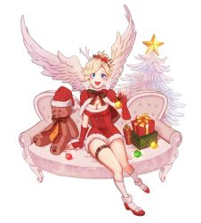 Rule 34 | 1girl, :d, angel wings, antlers, arm at side, bad id, bad twitter id, bell, blonde hair, blue eyes, blush, bow, bowtie, box, breasts, capelet, christmas, christmas ornaments, christmas tree, cleavage, dress, earrings, elbow gloves, feathered wings, fingerless gloves, fingernails, full body, fur-trimmed headwear, fur-trimmed legwear, fur trim, gift, gift box, gloves, hair ribbon, hand up, hat, highres, holding, horns, jewelry, medium breasts, mercy (overwatch), nail polish, open mouth, overwatch, overwatch 1, perio 67, pink nails, pom pom (clothes), ponytail, red dress, red footwear, red gloves, red hat, red ribbon, reindeer antlers, ribbon, santa hat, shoes, short dress, sitting, smile, socks, solo, spread wings, stud earrings, stuffed animal, stuffed toy, teddy bear, thigh strap, white socks, wings