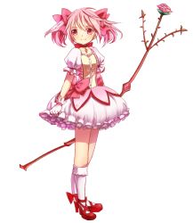 Rule 34 | 10s, 1girl, bow, bow (weapon), bubble skirt, choker, gloves, hair bow, high heels, kaname madoka, kneehighs, looking at viewer, magical girl, mahou shoujo madoka magica, mahou shoujo madoka magica (anime), momobosi, pink eyes, pink hair, short hair, short twintails, simple background, skirt, smile, socks, solo, twintails, weapon, white background, white gloves, white socks