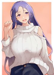 Rule 34 | 1girl, black skirt, blush, border, breasts, clothing cutout, fate/grand order, fate (series), highres, large breasts, long hair, long sleeves, looking at viewer, minamoto no raikou (fate), open mouth, orange background, parted bangs, purple eyes, purple hair, ribbed sweater, seino (sasakike1305), shoulder cutout, skirt, smile, solo, sweater, very long hair, white border, white sweater