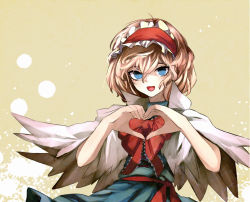 Rule 34 | 1girl, :d, alice margatroid, bad id, bad pixiv id, blonde hair, blue eyes, bow, bowtie, capelet, eredhen, hair between eyes, heart, heart hands, open mouth, popped collar, short hair, simple background, smile, solo, touhou