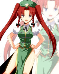 Rule 34 | 1girl, alternate hairstyle, blue eyes, braid, breasts, china dress, chinese clothes, dress, female focus, hands on own hips, hat, hong meiling, kasu kazu, long hair, red hair, solo, touhou, twin braids, twintails, white background, zoom layer