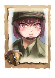 Rule 34 | 1girl, blush, camouflage, camouflage headwear, closed mouth, company of heroes, freckles, hair between eyes, hat, helmet, military, military hat, military uniform, original, portrait, purple eyes, purple hair, short hair, solo, uniform, united states army, v-shaped eyebrows, world war ii, zhainan s-jun
