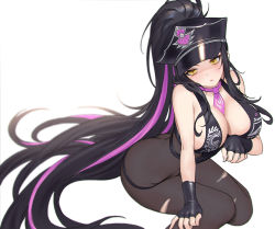 Rule 34 | 1girl, bare shoulders, between breasts, bikini, black bikini, black gloves, black hair, black hat, bodystocking, breasts, cleavage, closed mouth, duplicate, fate/grand order, fate (series), fingerless gloves, gloves, hat, highres, large breasts, long hair, looking at viewer, multicolored hair, necktie, peaked cap, ponytail, sessyoin kiara, sessyoin kiara (swimsuit mooncancer), sessyoin kiara (swimsuit mooncancer) (second ascension), simple background, siun, solo, streaked hair, swimsuit, very long hair, white background, yellow eyes