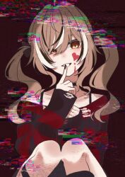 Rule 34 | 1girl, absurdres, ahoge, black choker, black hair, black sweater, blood, blood on face, brown eyes, brown hair, choker, collar, emo fashion, finger to mouth, hair between eyes, hair over one eye, highres, hololive, hololive english, knee strap, long hair, looking at viewer, mizuhasi, multicolored hair, nail polish, nanashi mumei, nanashi mumei (emo), off-shoulder shirt, off shoulder, official alternate costume, official alternate hairstyle, red nails, red sweater, shirt, shushing, sleeves past wrists, smile, solo, static, streaked hair, striped clothes, striped sweater, sweater, torn clothes, torn sweater, twintails, virtual youtuber, white hair, yandere