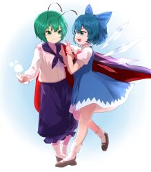 Rule 34 | 2girls, :d, absurdres, antennae, black cape, black footwear, blue eyes, blue hair, cape, cirno, closed mouth, detached wings, full body, green eyes, green hair, highres, ice, ice wings, long sleeves, looking at another, mikan (manmarumikan), multiple girls, open mouth, shirt, short hair, smile, socks, touhou, white shirt, white socks, wings, wriggle nightbug