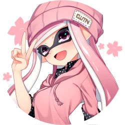 Rule 34 | 1girl, beanie, black shirt, blunt bangs, circle, collared shirt, commentary request, drawstring, fang, forute na, hat, highres, hood, hood down, hoodie, inkling, inkling girl, inkling player character, long hair, looking at viewer, nintendo, open mouth, pink eyes, pink hair, pink hat, pink hoodie, pointy ears, polka dot, polka dot shirt, shirt, short sleeves, smile, solo, splatoon (series), tentacle hair, upper body, v
