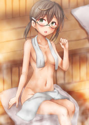 Rule 34 | 1girl, anti (untea9), blush, breasts, brown hair, collarbone, commission, feet out of frame, glasses, green-framed eyewear, green eyes, groin, hair between eyes, highres, kantai collection, medium breasts, multicolored hair, navel, okinami (kancolle), open mouth, pixiv commission, sauna, semi-rimless eyewear, short hair, sitting, solo, towel