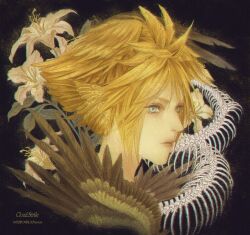 Rule 34 | 1boy, animal skeleton, black background, blonde hair, blue eyes, brown feathers, brown wings, cloud strife, expressionless, feathered wings, feathers, final fantasy, final fantasy vii, flower, head wings, highres, male focus, portrait, ry1115275908, short hair, skeleton, snake, solo, spiked hair, white flower, wings