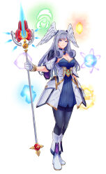 Rule 34 | 1girl, absurdres, black pantyhose, blue eyes, breasts, cleavage, closed mouth, dress, elements, energy weapon, full body, head wings, highres, large breasts, long hair, melia antiqua, pantyhose, simple background, smile, solo, staff, white background, white footwear, wings, xenoblade chronicles (series), xenoblade chronicles 3, you nf