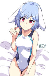 Rule 34 | 1girl, animal ears, bare legs, bed sheet, blue hair, blue one-piece swimsuit, breasts, clenched hand, closed mouth, collarbone, covered navel, floppy ears, from above, happy, highres, jack (wkm74959), one-hour drawing challenge, one-piece swimsuit, rabbit ears, red eyes, reisen (touhou bougetsushou), short hair, sitting, small breasts, smile, solo, swimsuit, touhou, white one-piece swimsuit