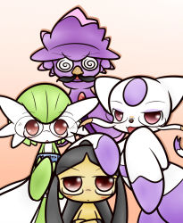 Rule 34 | @ @, bespectacled, blush, bob cut, coke-bottle glasses, concave, creatures (company), crossed arms, game freak, gardevoir, gen 3 pokemon, gen 4 pokemon, gen 5 pokemon, glasses, green hair, hat, mawile, mienshao, mismagius, nintendo, no humans, open mouth, pokemon, pokemon (creature), red eyes, tagme, witch hat
