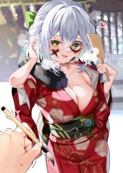 Rule 34 | 1girl, blurry, blurry background, breasts, chihiro (khorosho), cleavage, green eyes, holding, holding paintbrush, japanese clothes, kimono, large breasts, looking at viewer, obi, open mouth, original, paintbrush, red kimono, sash, short hair, solo focus, sweat, white hair, wide sleeves
