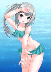 Rule 34 | 1girl, bikini, blush, breasts, brown eyes, cowboy shot, artistic error, extra digits, gradient background, green bikini, grey hair, highres, kantai collection, kasumi (kancolle), kaze makase, long hair, looking at viewer, open mouth, reaching, reaching towards viewer, side ponytail, small breasts, solo, swimsuit