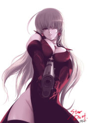 Rule 34 | 1girl, ahoge, aiming, aiming at viewer, black thighhighs, breasts, cleavage, covered erect nipples, dress, earrings, elbow gloves, elysion, eri (artist), female focus, from below, gloves, gun, hair over one eye, handgun, holding, holding gun, holding weapon, jewelry, large breasts, lips, long hair, necklace, no panties, pistol, red dress, red eyes, silver hair, solo, sound horizon, stardust, thighhighs, weapon
