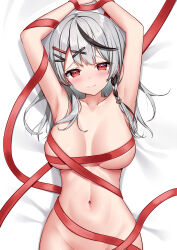 Rule 34 | 1girl, absurdres, armpits, arms up, black hair, blush, breasts, closed mouth, ear piercing, grey hair, hair ornament, highres, hololive, kag tsukimi, large breasts, long hair, looking at viewer, multicolored hair, naked ribbon, navel, piercing, red eyes, red ribbon, ribbon, sakamata chloe, solo, streaked hair, virtual youtuber, x hair ornament