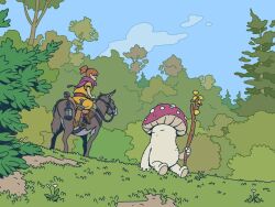 Rule 34 | 1girl, forest, grass, horse, looking at another, mushroom, nature, original, riding, scarf, sitting, sword, varguyart, weapon