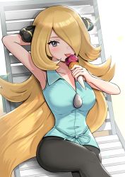 Rule 34 | 1girl, arm behind head, armpits, beach chair, black pants, blonde hair, blouse, blue shirt, breasts, commentary, creatures (company), crossed legs, cynthia (pokemon), eating, game freak, gonzarez, grey eyes, hair ornament, ice cream cone, leaning back, licking, looking at viewer, nintendo, pants, pokemon, pokemon (anime), pokemon bw (anime), shirt, sitting, sleeveless, sleeveless shirt, solo, tongue, tongue out