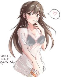 Rule 34 | 1girl, arashio (kancolle), bikini, bikini under clothes, black bikini, blush, breasts, brown eyes, brown hair, can, cleavage, commentary request, dated, giraffe (ilconte), hair between eyes, heart, highres, kantai collection, long hair, looking at viewer, medium breasts, one-hour drawing challenge, open mouth, see-through, shirt, simple background, solo, spoken heart, swimsuit, twitter username, wet, wet clothes, wet hair, wet shirt, white background