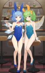 Rule 34 | 2girls, absurdres, animal ears, bare legs, blue eyes, blue footwear, blue hair, blue leotard, blush, bottle, chair, checkered floor, cirno, commentary request, commission, cup, daiyousei, drink, drinking glass, fairy, fairy wings, fake animal ears, fishnet pantyhose, fishnets, flat chest, green eyes, green hair, grin, high heels, highres, holding, holding tray, ice, ice wings, indoors, kanpa (campagne 9), knees together feet apart, leotard, long hair, multiple girls, open mouth, pantyhose, playboy bunny, rabbit ears, second-party source, short hair, side ponytail, skeb commission, smile, soda, soda bottle, strapless, strapless leotard, touhou, tray, white pantyhose, wings, wrist cuffs