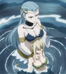 Rule 34 | 2girls, aqua hair, aquarius (fairy tail), armlet, bare shoulders, blonde hair, blue eyes, blue hair, blue theme, bracelet, breasts, brown eyes, cleavage, dirty, earrings, closed eyes, fairy tail, highres, jewelry, large breasts, long hair, lucy heartfilia, medium breasts, mermaid, monster girl, multiple girls, partially submerged, screencap, sitting, stitched, tagme, third-party edit, underboob, water