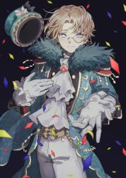 Rule 34 | 1boy, ascot, black background, blonde hair, blue eyes, blurry, coat, coattails, confetti, depth of field, epaulettes, freckles, frilled sleeves, frills, fur trim, gloves, gumegume, hand on own chest, hat, unworn hat, unworn headwear, highres, identity v, looking at viewer, male focus, mike morton, monocle, official alternate costume, outstretched arm, short hair, simple background, smile, solo, star-shaped pupils, star (symbol), star in eye, symbol-shaped pupils, symbol in eye, top hat, white gloves