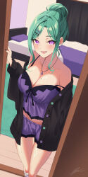 1girl 3ki9709 absurdres bedroom blush breasts cardigan cleavage green_hair hair_bun hair_ornament hairclip highres jewelry looking_at_viewer mole mole_on_breast necklace open_cardigan open_clothes open_door open_mouth original purple_eyes purple_shorts purple_tank_top shorts single_hair_bun smile solo tank_top thighs virtual_youtuber vspo! yakumo_beni