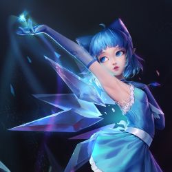 Rule 34 | 1girl, ahoge, alternate costume, arm up, armpits, black background, blue choker, blue dress, blue eyes, blue gloves, blue hair, bow, breasts, choker, cirno, crystal, dress, elbow gloves, frilled dress, frills, gloves, glowing, hair bow, hand on own chest, highres, ice, jewelry, light particles, light trail, lips, looking back, looking up, necklace, outstretched hand, parted lips, pendant, pointy ears, sarena, sash, short hair, sleeveless, sleeveless dress, small breasts, socks, solo, teeth, touhou, upper body, upper teeth only, wings